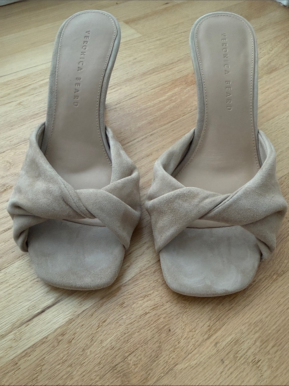 Veronica Beard Taupe Suede Melli Knot Slide Sandals